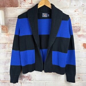 American Living Shawl Collar‎ Cardigan — Blue & Black Striped Chunky Knit
